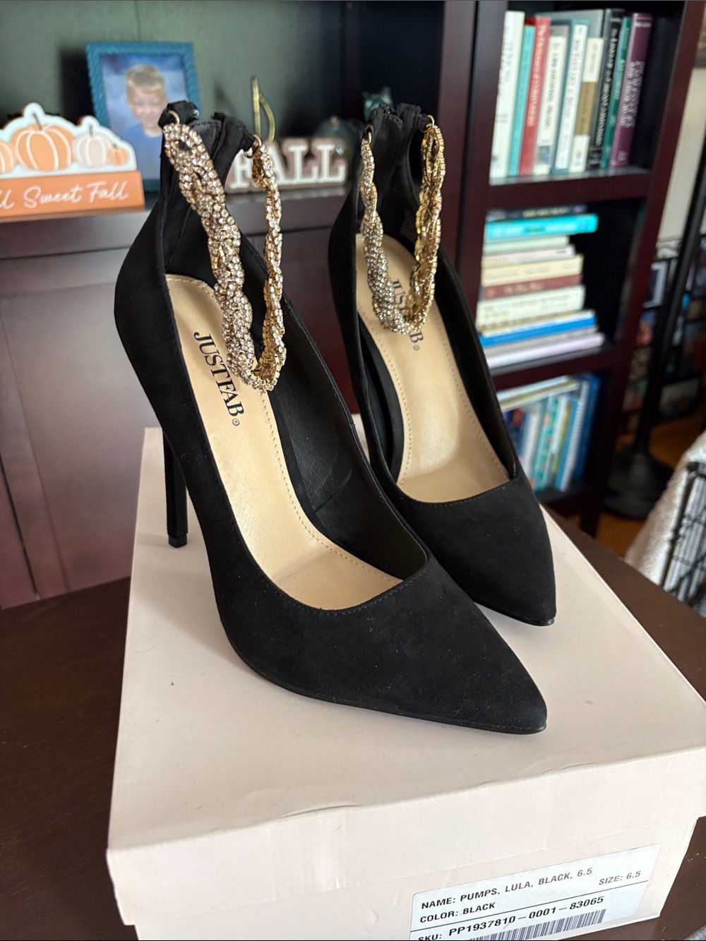 JustFab Black Pointed Toe Stilettos with Gold Crystal Ankle Straps